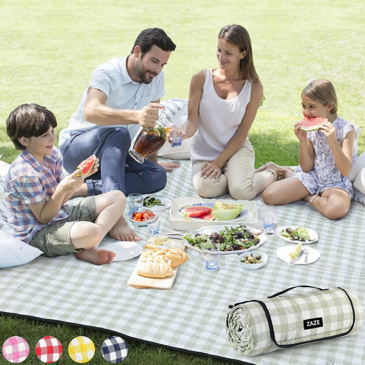 ZAZE Extra Large Picnic Outdoor Blanket, 80''x80'' Waterproof Foldable Blankets Gingham Picnic Mat for Beach, Camping Grass Lawn Park Accessories Cute Couple Gifts Ideas Wedding Registry(Green White)
