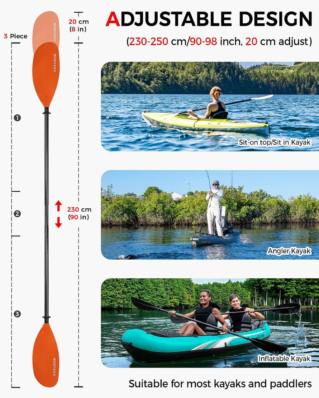 Adjustable Kayak Paddle with Carbon Fiber Shaft and Nylon Blade