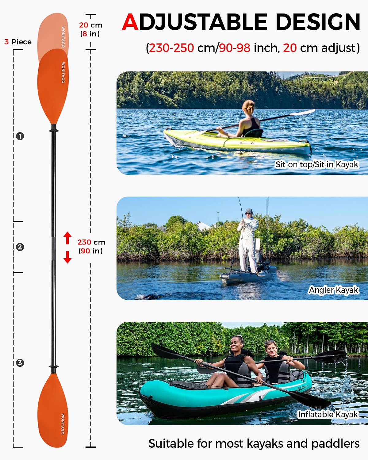 Adjustable Kayak Paddle with Carbon Fiber Shaft and Nylon Blade
