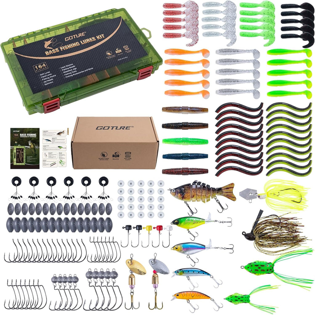 Goture Fishing Lures Kit,164pcs Bass Fishing Kit Including Soft Plastic Baits, Worms, Minnow, Crankbaits, Hooks,Swivels,Sinker Weights,3700 Tackle Box, Freshwater Fishing Gear Lure Set, Gifts of Men
