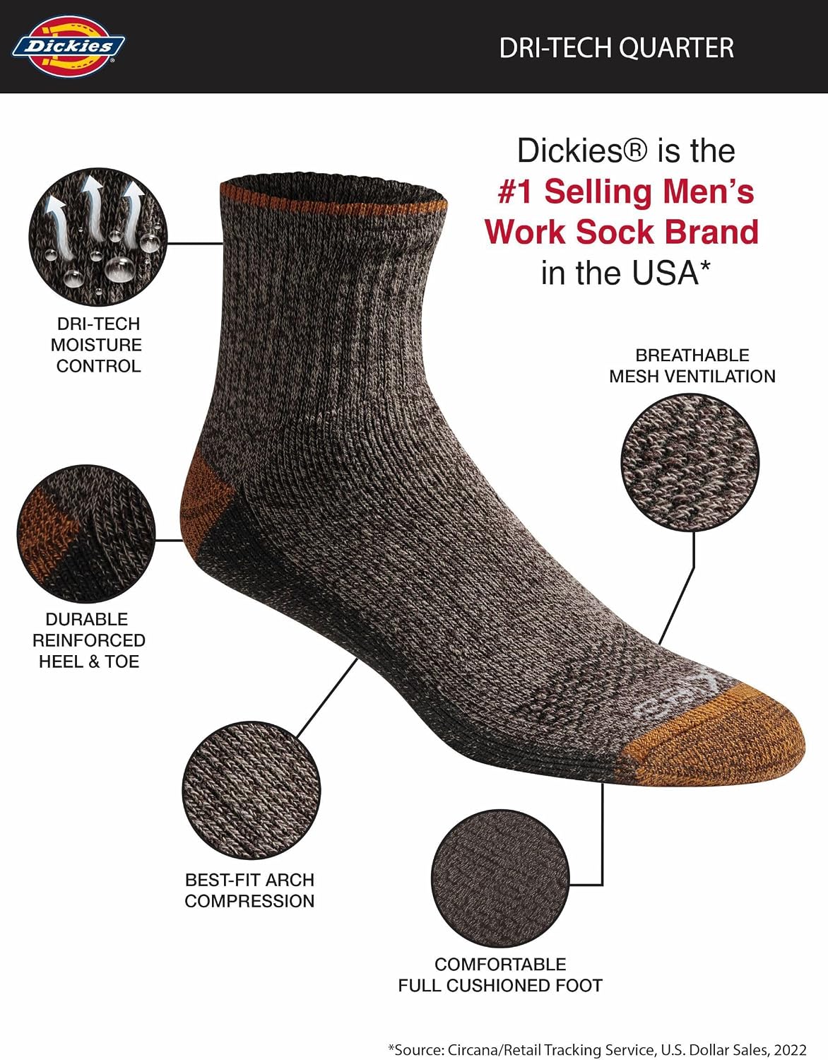 Dickies Men's Dri-Tech Moisture Control Quarter Socks, Available in M-XXL (6, 12, 18 Pairs)