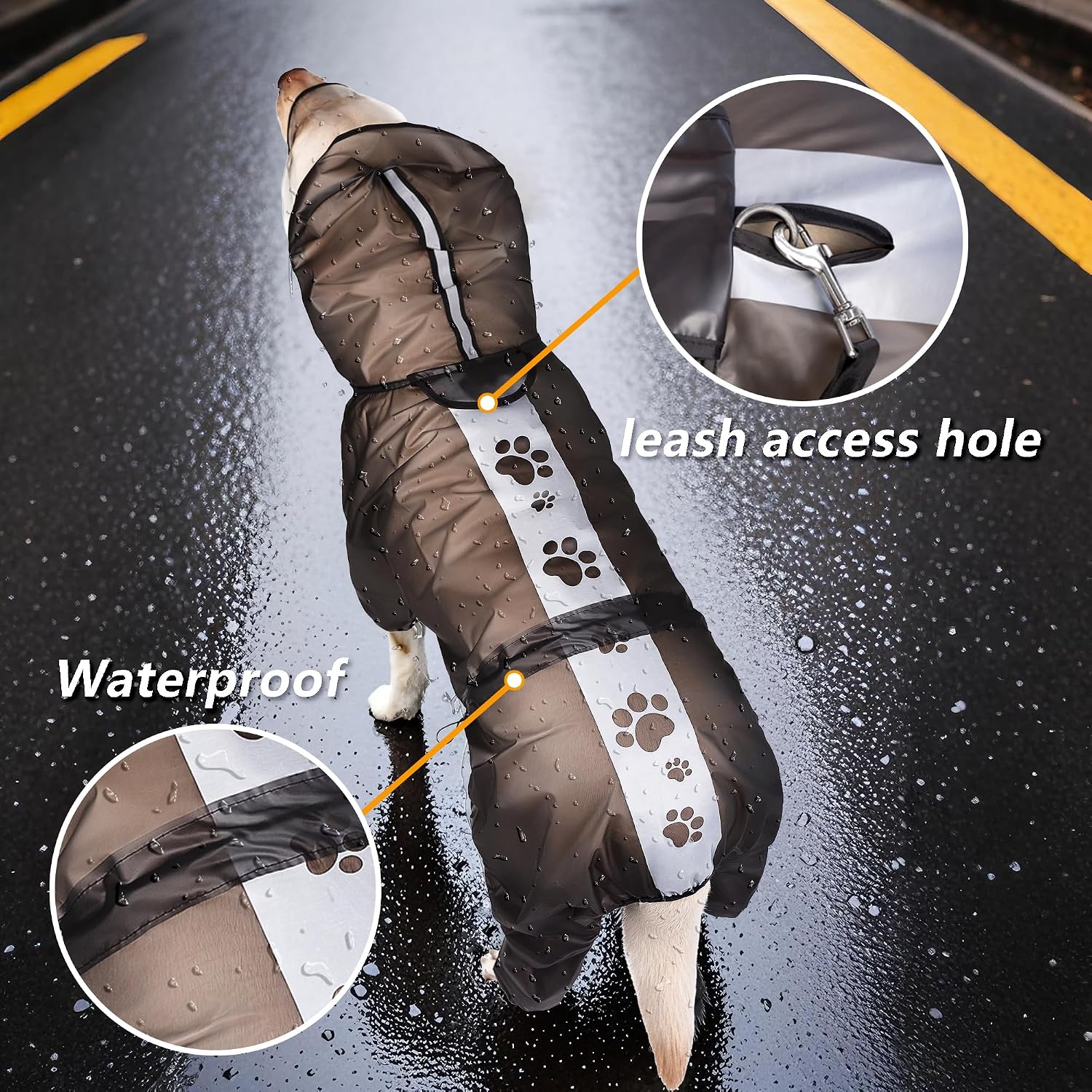 Olsa Dog Raincoat, Dog Hooded Slicker Poncho, 4 Legs Rain Jacket with Reflective Stripe, Transparent Water Proof Resistant Rain Snow Clothes for Small Medium Large (Black, 4XL)