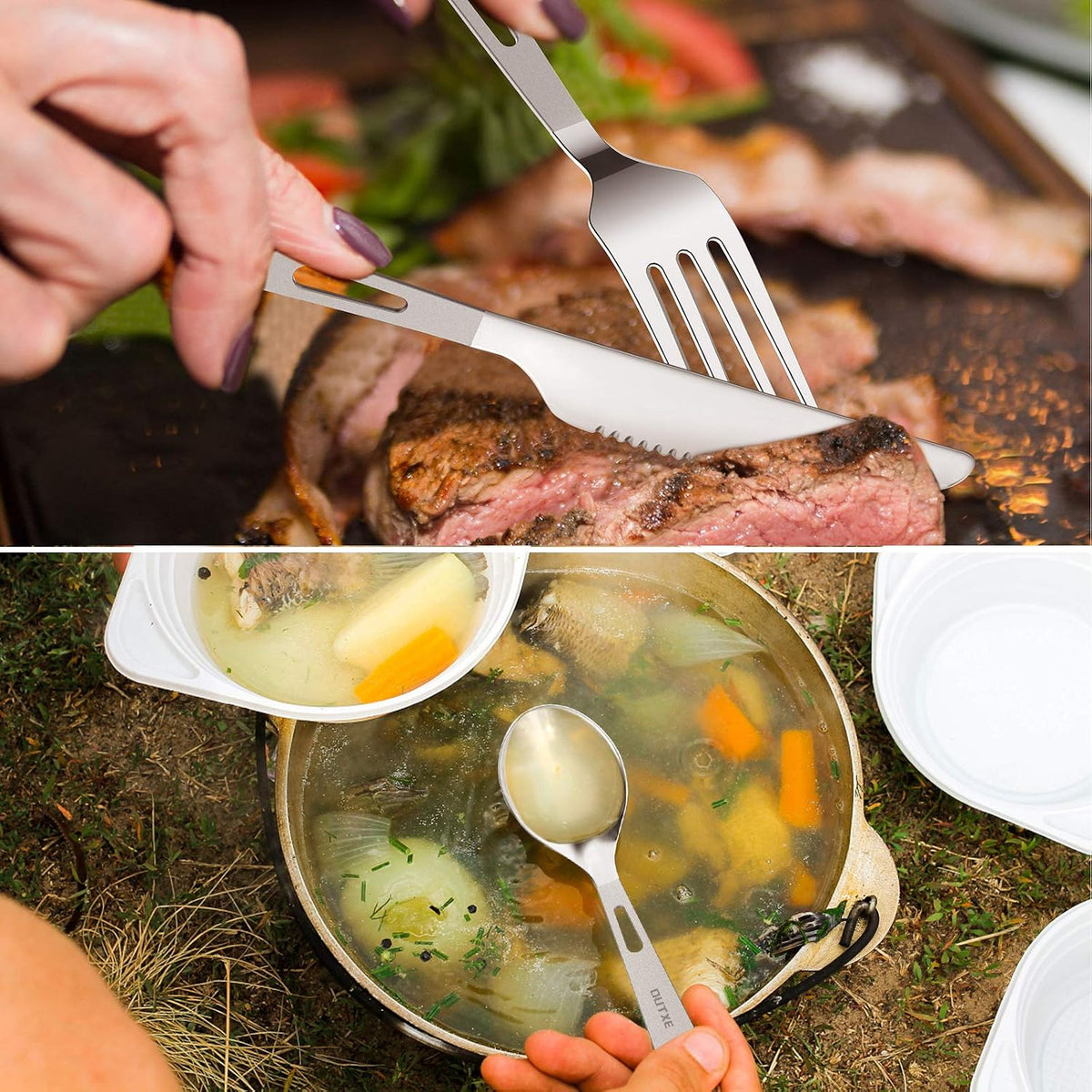 OUTXE Titanium Flatware Polished Knife Fork Spoon Set Lightweight Ti Camping Utility Cutlery Set with Carrying Bag for Traveling Picnic Hiking