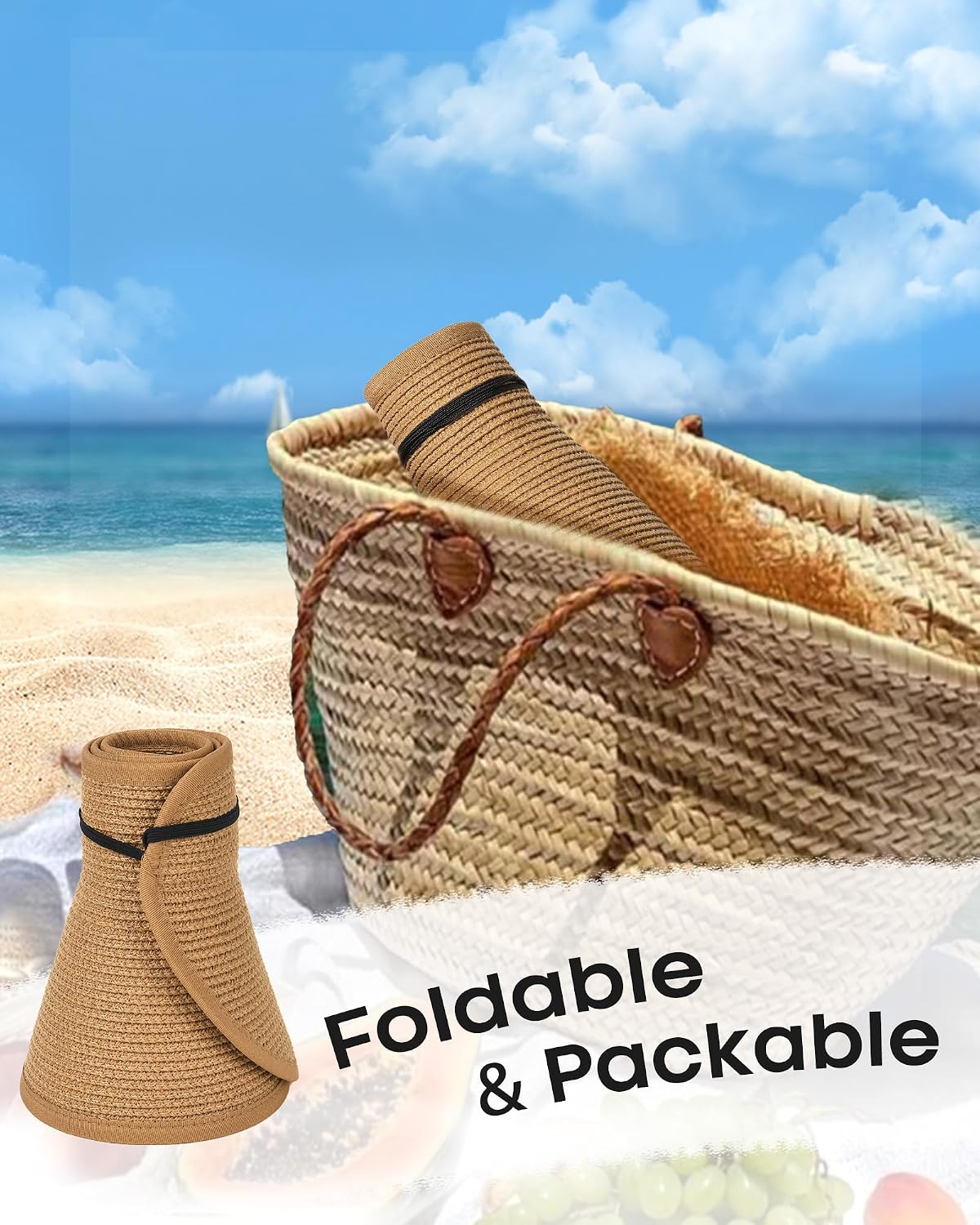 Womens Sun Visor Hats Wide Brim Straw Beach Hat UV Protection Ponytail Packable Beach Vacation Essentials
