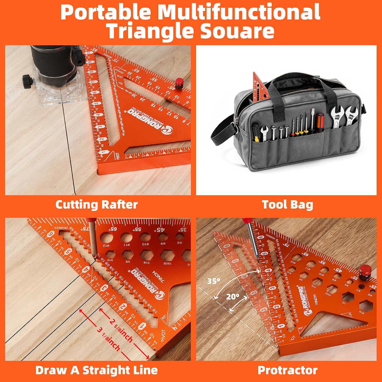 2pcs Rafter Square, 12-inch & 7-inch Carpenter Sqaure Set withWoodworking Pencil, Carpenter Measuring Layout Tool,Aluminum Alloy Triangle Ruler for Woodworking- Imperial