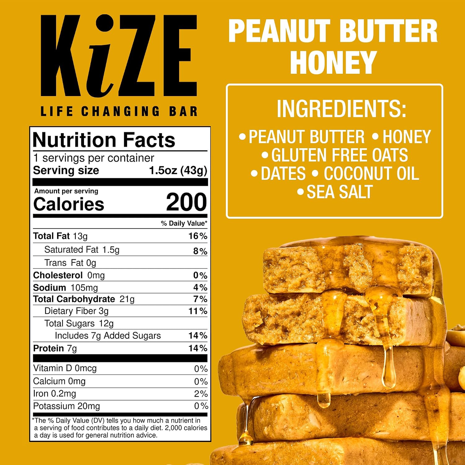 KiZE Energy Bars - Peanut Butter Honey - 20-Count - Gluten Free, Dairy Free, Non-GMO, and High Protein Meal Replacement Energy Bars, Clean and Simple Food Ingredients - 7g High Protein Snacks (20 Count)