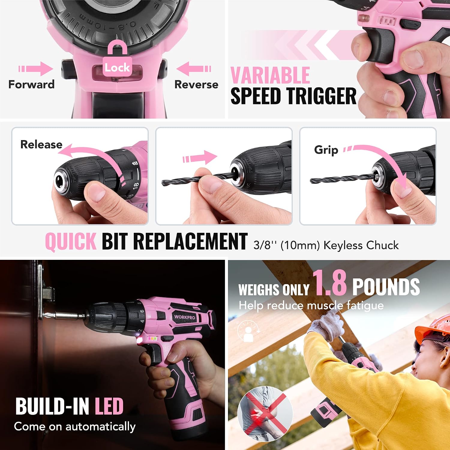WORKPRO 12V Cordless Pink Drill Set for Women, Home Tool Kit with Tool box