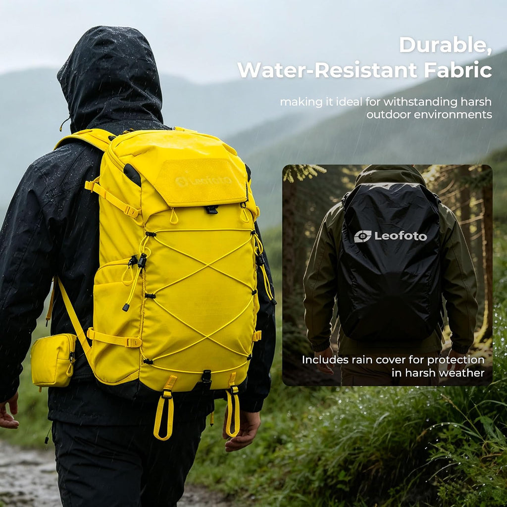 LEOFOTO 35L Camera Backpack for Photographer, Lightweight Waterproof Travel Camera Bag for Camera/Drone/15.6" Laptop, Photopraphy Bag with Side Access & Rain Cover, Tripod Compatible, 2.65KG - YELLOW