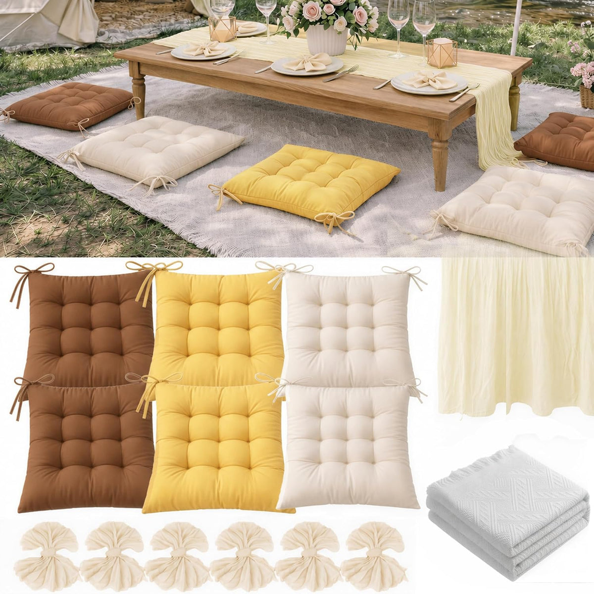 Extra Large Picnic Blanket Set with Tablecloth, 6 Cushions, Table Runner