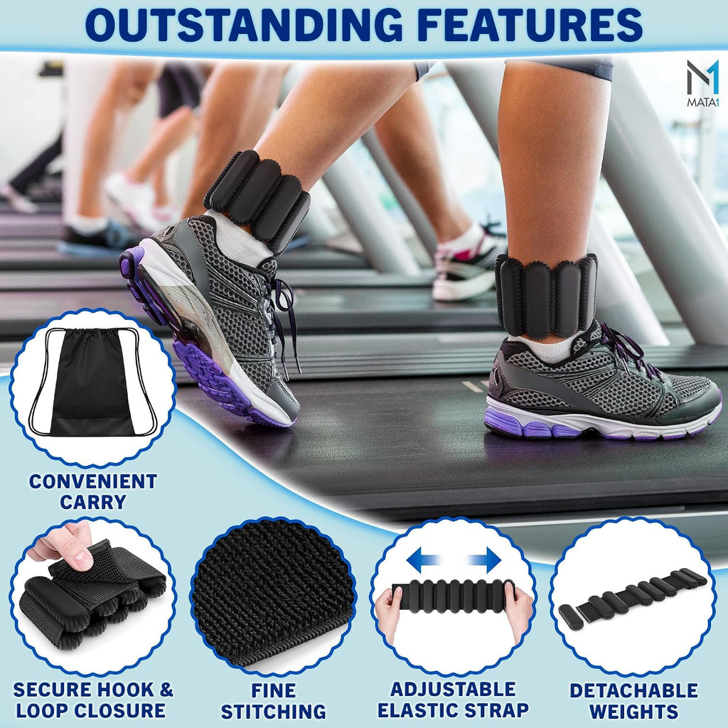 Ankle & Wrist Weights for Men & Women - Set of 2, 1 lb / 0.5 kg each, Black - Adjustable Silicone Workout Bands w/Removable Weights for Fitness & Training - by Mata1-USA