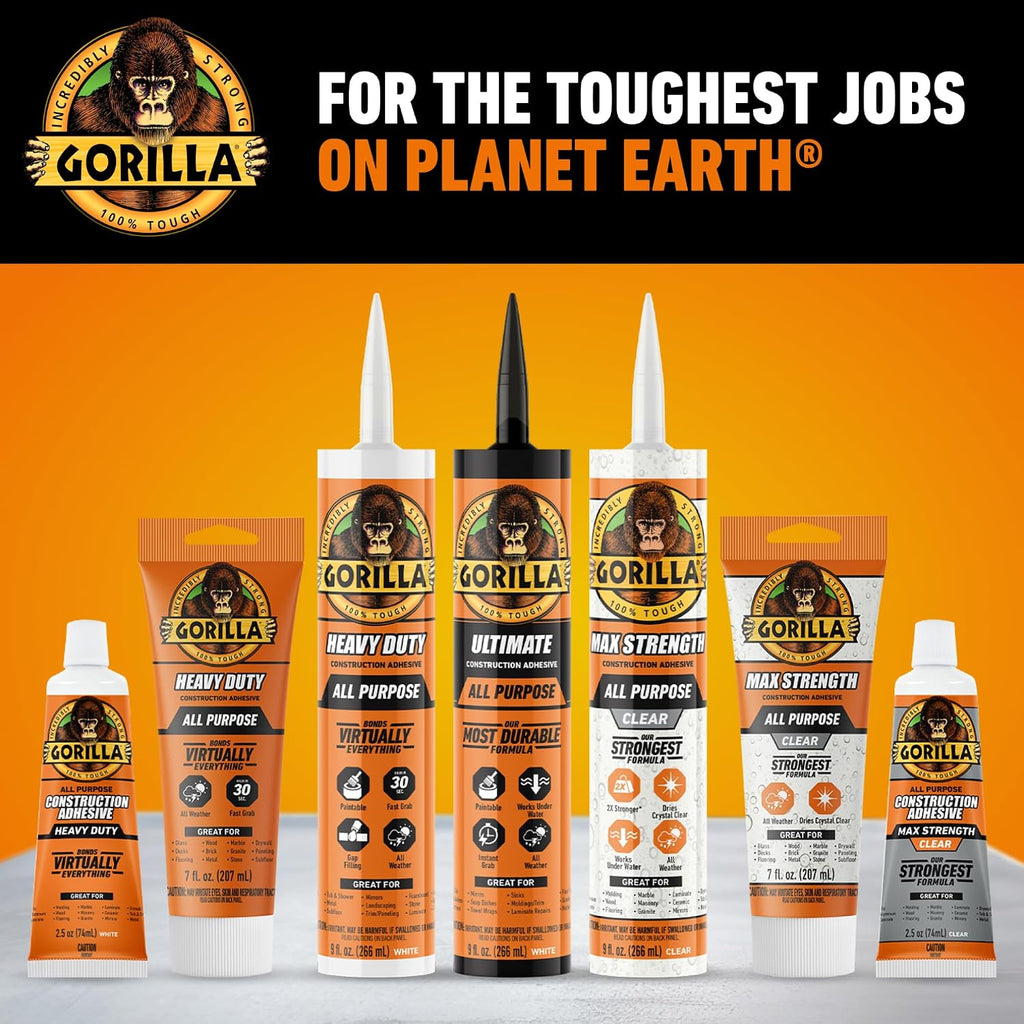 Gorilla Max Strength Construction Adhesive, Clear, 7 oz Tube, 1-Pack