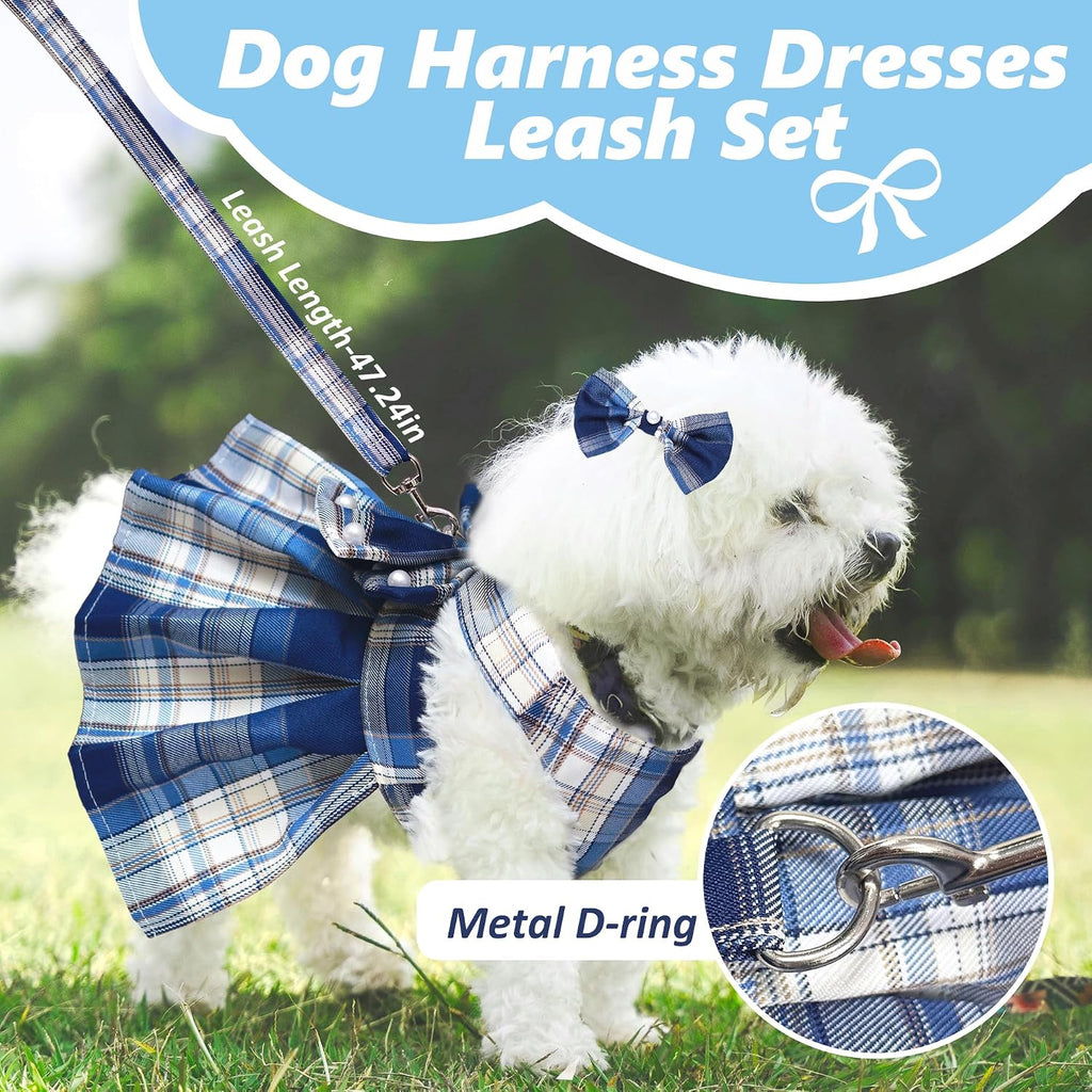 Dog Dress Bowknot Harness Leash Set for Small Dogs Girl Cute Plaid Dog Dress Pearls Bow Tie Spring Summer Princess Clothes Birthday Holiday Doggie Outfits for Puppy Cats Girl Apparel (Red, Small)
