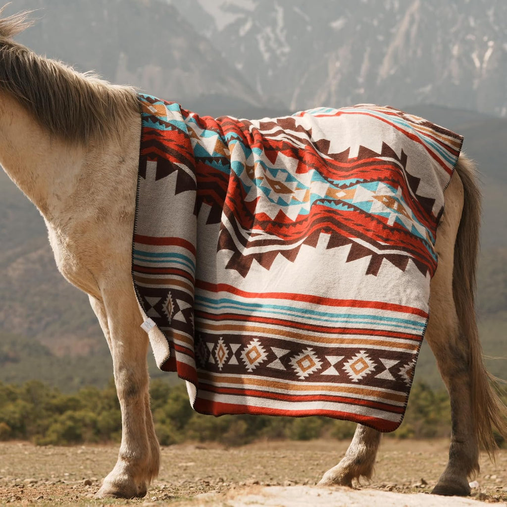 Aztec Throw Blanket with Soft Sherpa Lining, Traditional Southwestern Navajo Tribal Style Warm Throw for Camping, Outdoor, Cozy Boho Blanket for Couch, Sofa, Bed, 50"x60", Red