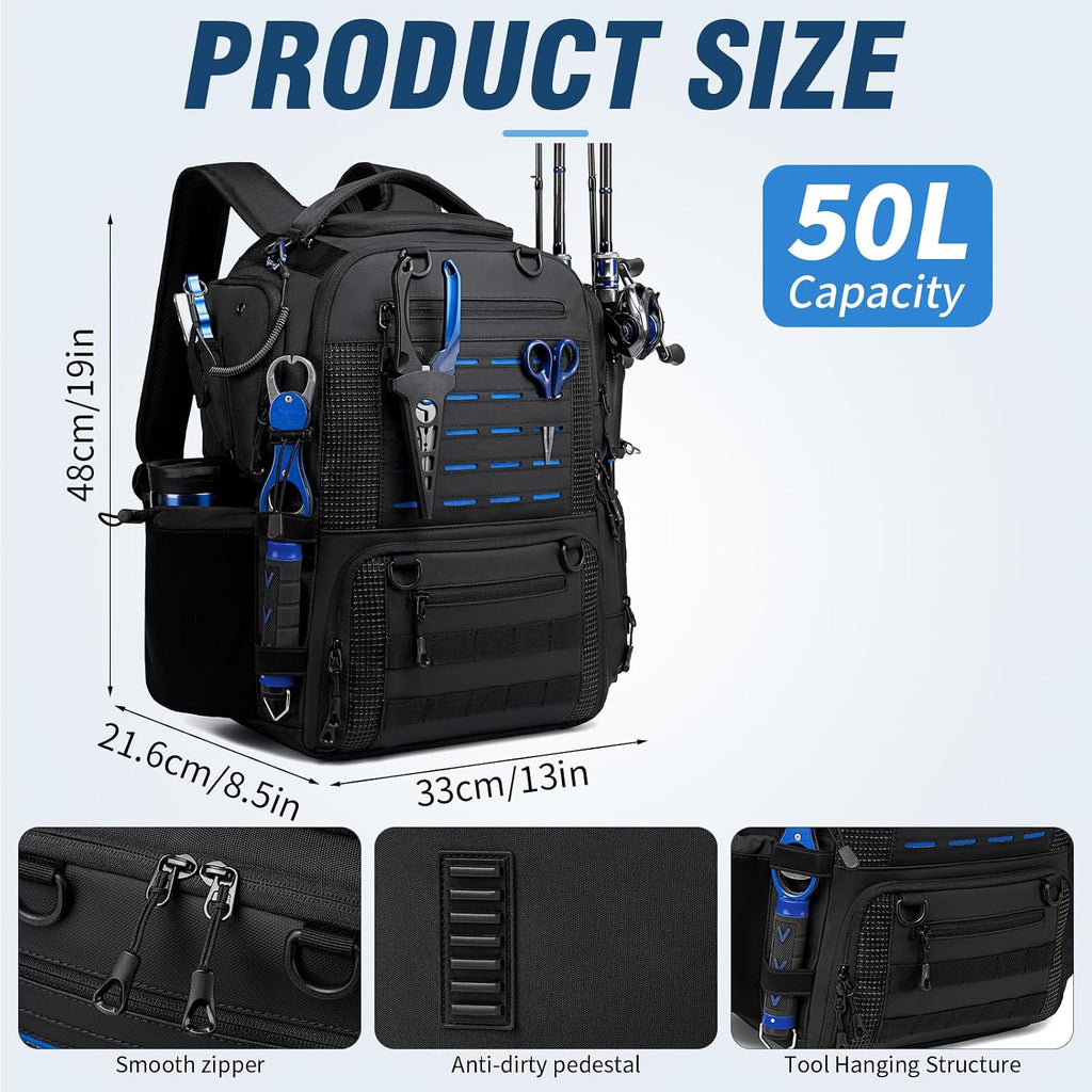 50L Fishing Backpack with Rod Holders, Tackle Box Backpack