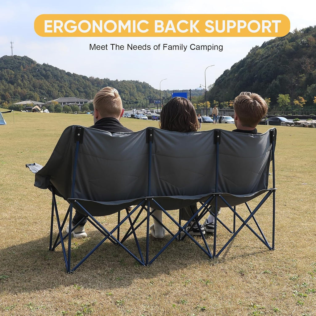 Northroad 3 Person Camping Chair Oversized 900 Lbs Outdoor Lawn Loveseat Chair Padded Folding Chairs for Adults Heavy Duty Soccer Chair w/Cup & Wine Glass Holder for Outside Picnic, Beach, Sports