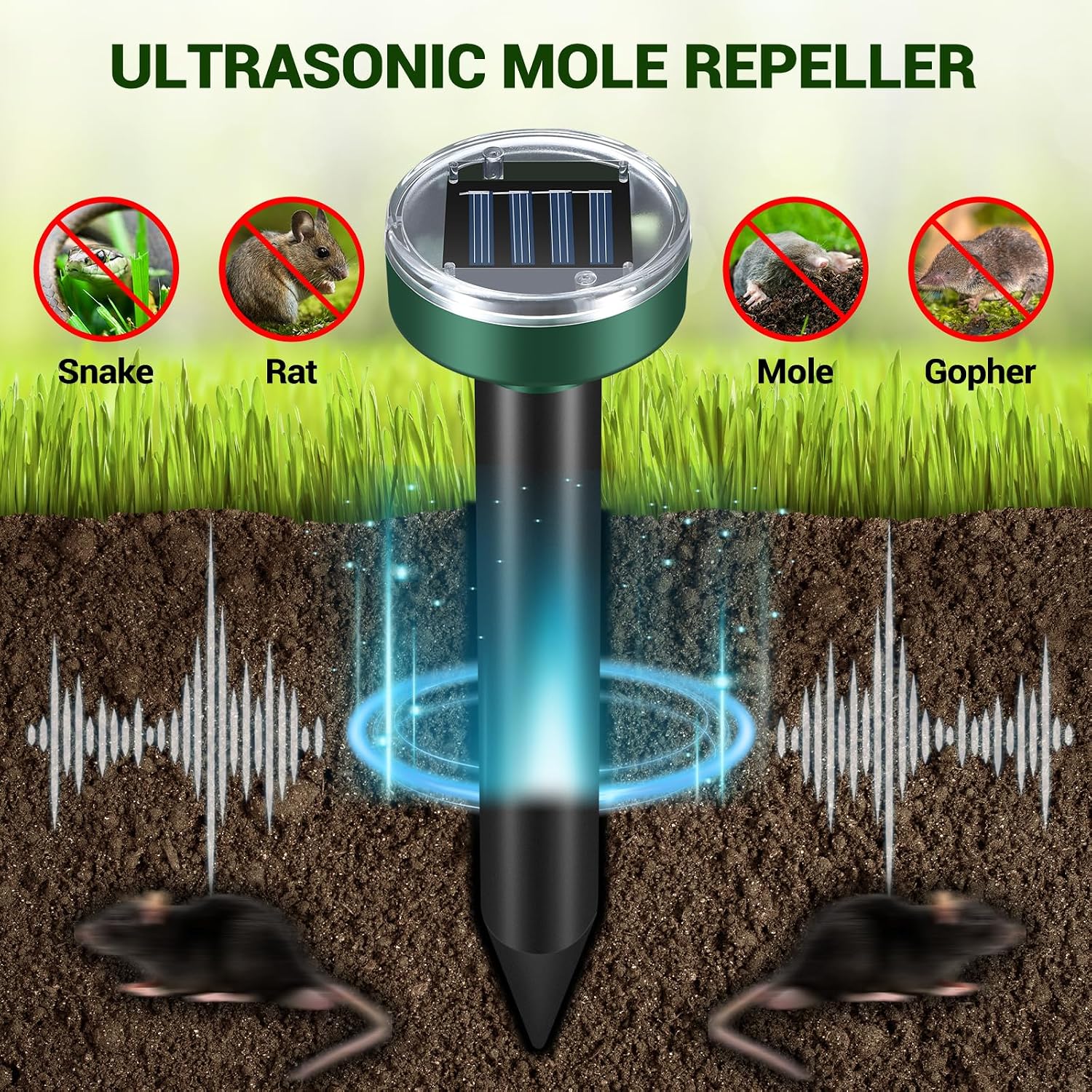 Mole Repellent for Lawns - Gopher Repeller Ultrasonic Solar Powered Vole Repellent Outdoor Waterproof Rat Deterrent Spikes Repellent Snake,Chipmunk,Groundhog,Sonic Mole Stakes for Garden,Yard