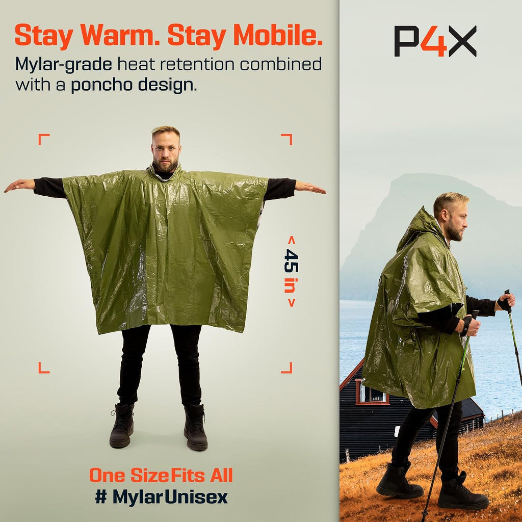 PREPARED4X Emergency Mylar Poncho – Survival Rain Poncho with Hood – Lightweight, Compact, Reusable Emergency Blanket Poncho for Hiking, Camping, Thermal Gear, Car Kit, Outdoors