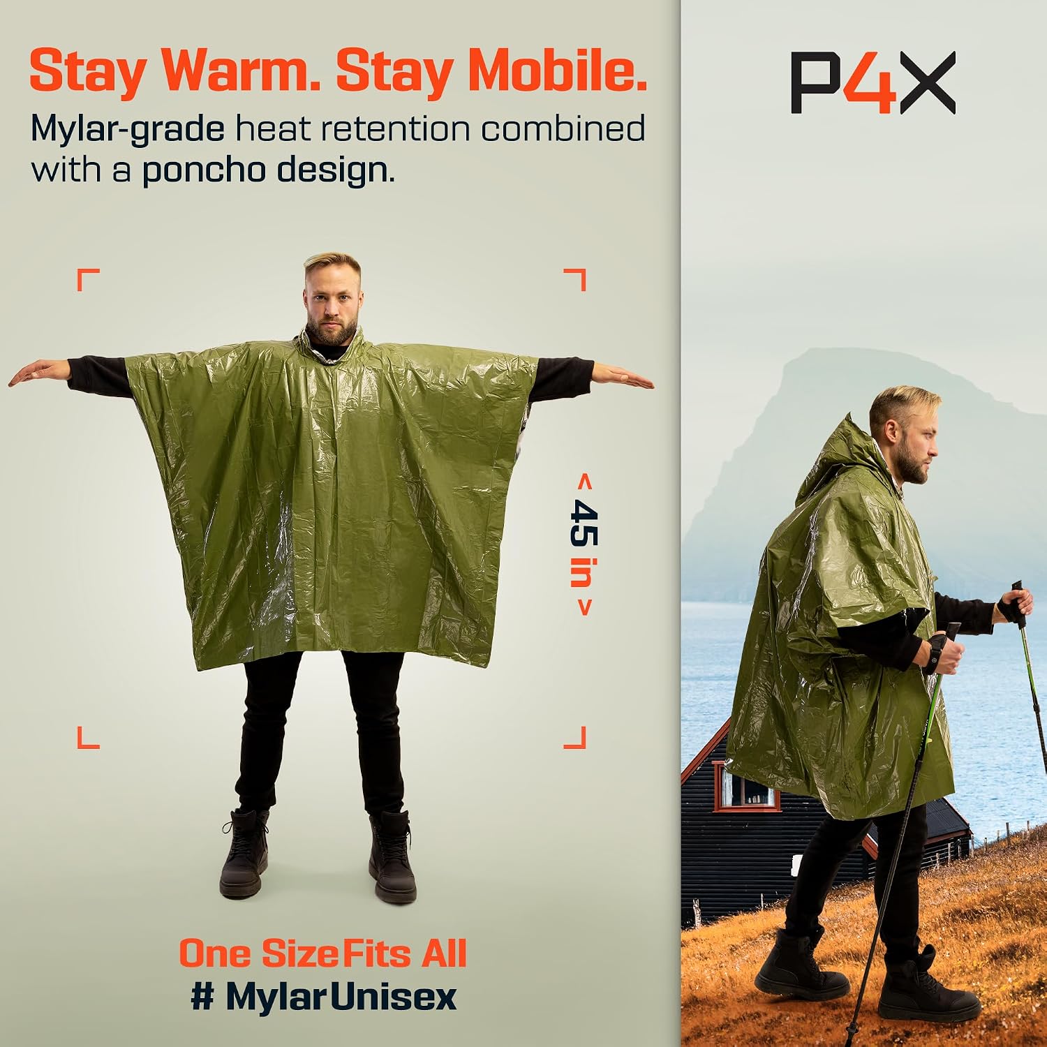 PREPARED4X Emergency Mylar Poncho – Survival Rain Poncho with Hood – Lightweight, Compact, Reusable Emergency Blanket Poncho for Hiking, Camping, Thermal Gear, Car Kit, Outdoors