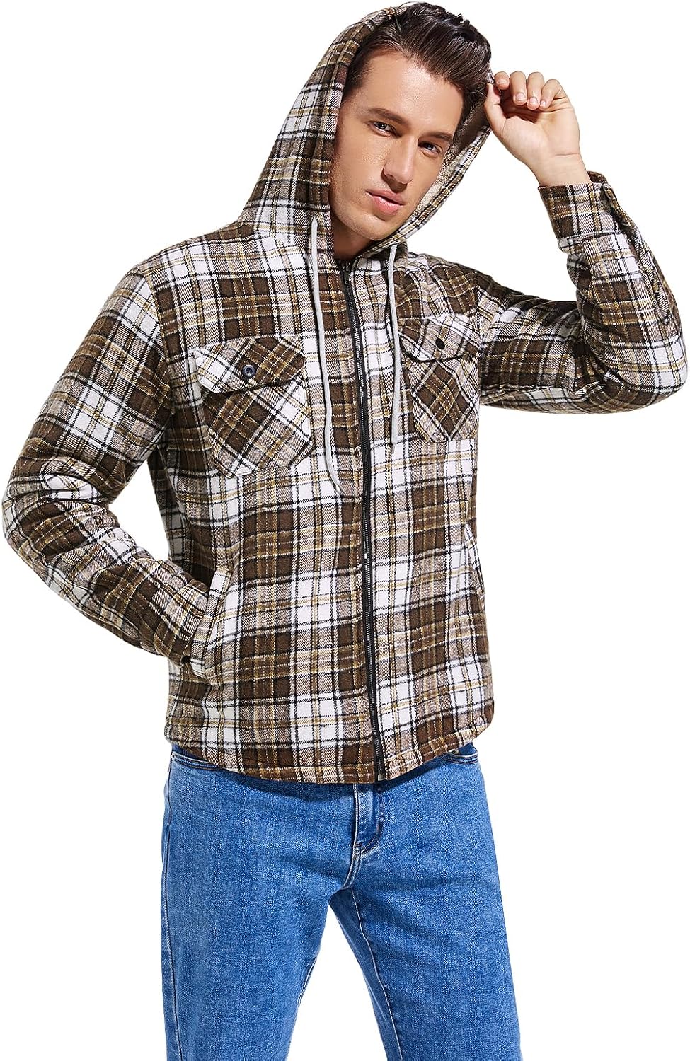 Men's Zip Up Flannel Shirt Jacket Fleece Lined with Hood