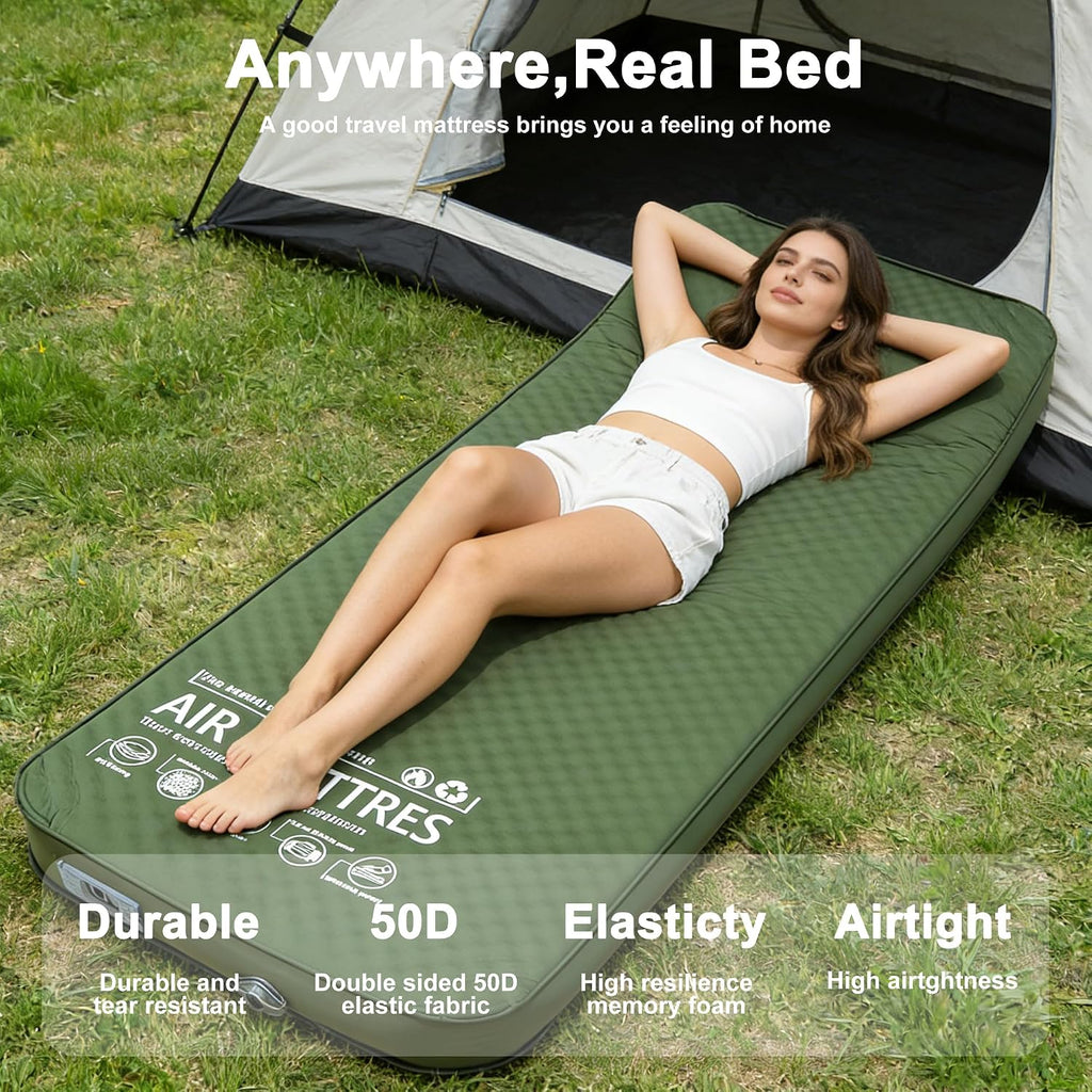 Self Inflating Sleeping Pad With Electric Pump, 4" Thick Memory Foam Sleeping Pad For Camping, 9.5 R-Value Insulated Sleeping Mat, All Season Camping Air Mattress For Tent Travel Car (Green)