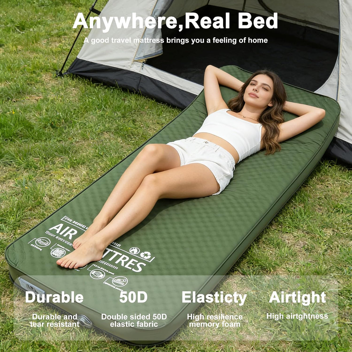 Self Inflating Sleeping Pad With Electric Pump, 4" Thick Memory Foam Sleeping Pad For Camping, 9.5 R-Value Insulated Sleeping Mat, All Season Camping Air Mattress For Tent Travel Car (Green)