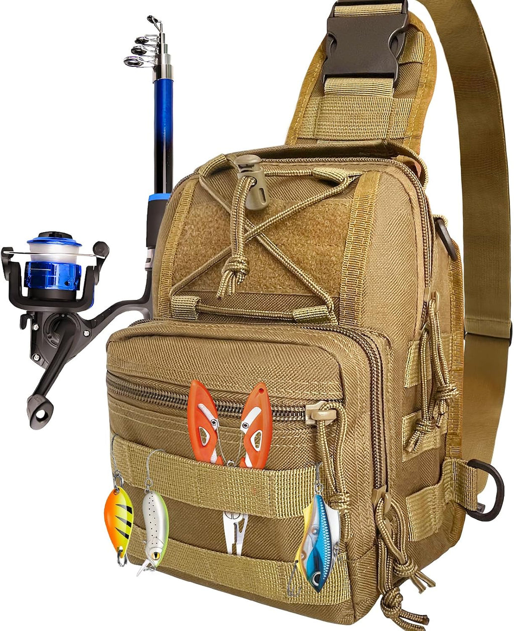 Kynzo Fishing Sling Backpack with Rod Holder, Water-Resistant Fishing Tackle Bag, Durable Shoulder Crossbody Pack for Freshwater Saltwater Fishing