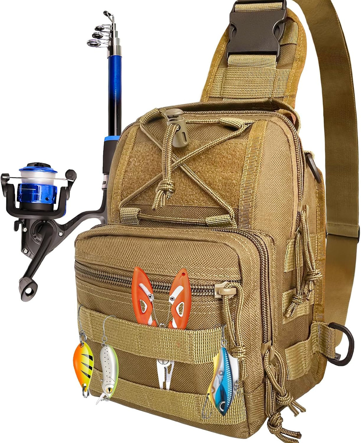 Kynzo Fishing Sling Backpack with Rod Holder, Water-Resistant Fishing Tackle Bag, Durable Shoulder Crossbody Pack for Freshwater Saltwater Fishing