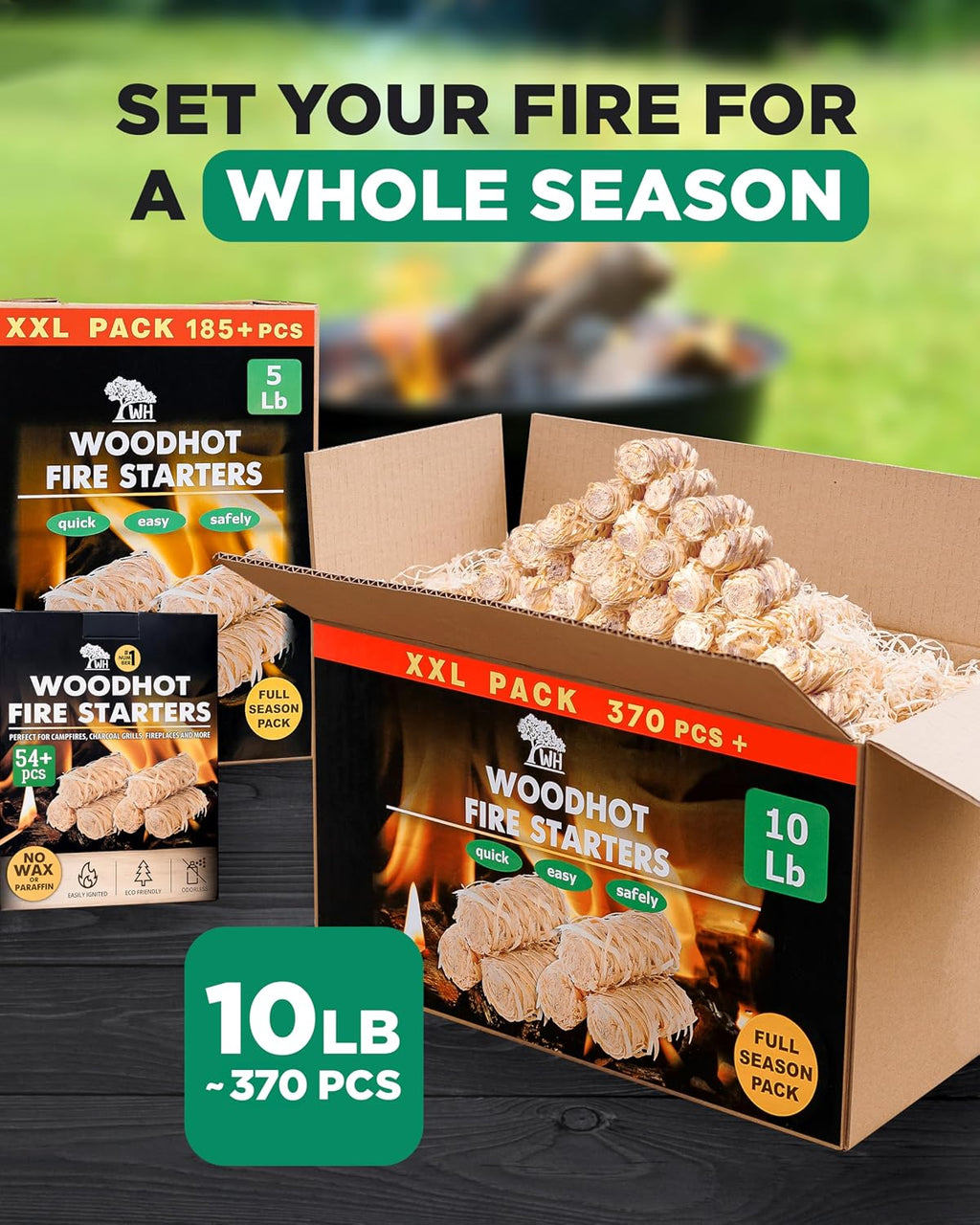 WH 370 pcs Natural Fire Starters, 10 lb Large Box for Grills & Campfires