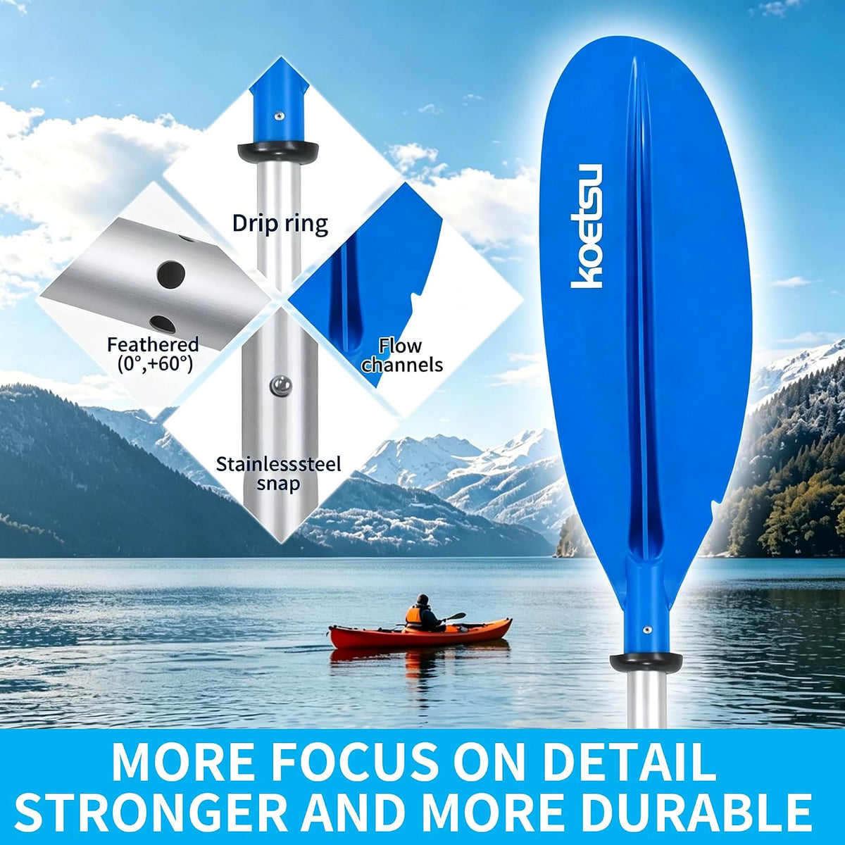KOETSU Floatable Kayak PaddleAlloy Shaft Adjustable Lightweight Oar for Kayaking Canoeing Boating