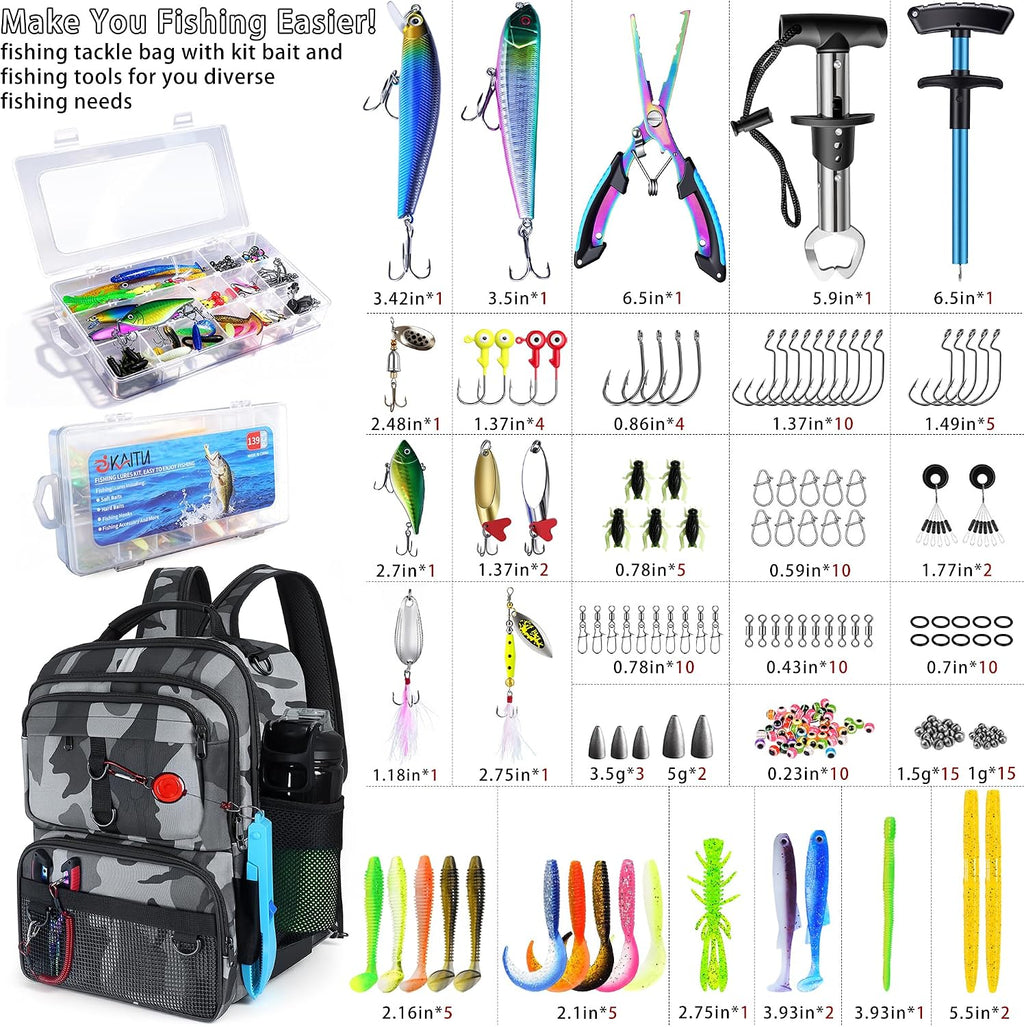 Fishing Backpack with Tackle Boxes and Rod Holder, Fish Lure Kit and Tool