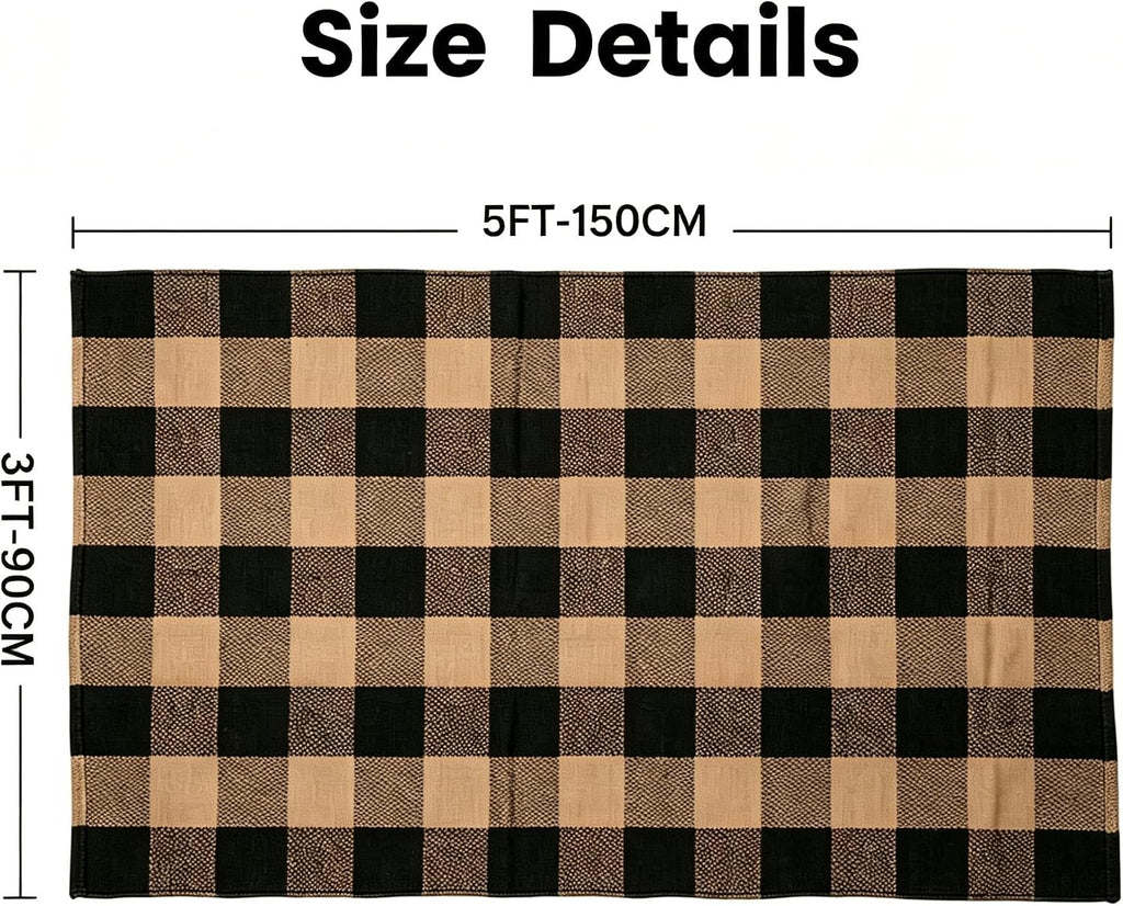 MUBIN Fall Decor Cotton Buffalo Plaid Rug, 3' x 5' Coffee Black Outdoor Rug Front Door Decorative Mat, Washable Doormat Hand-Woven Foldable Area Rug Layered Door Mats Rug for Front Porch, Entryway