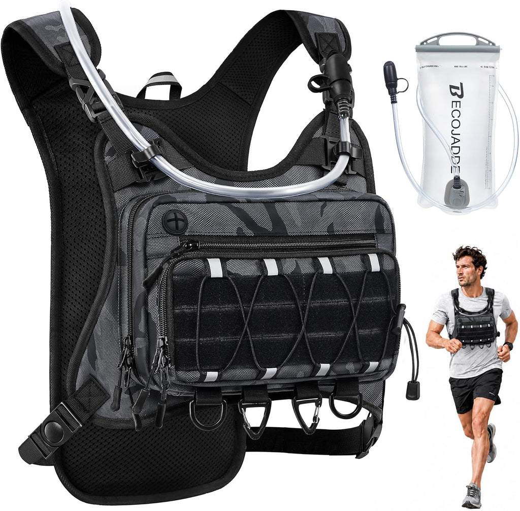 BECOJADDE Running Vest for Men with 2L Water Bladder Tactical Hydration Backpack Adjustable Lightweight Chest Pack for Marathon Hunting Cycling