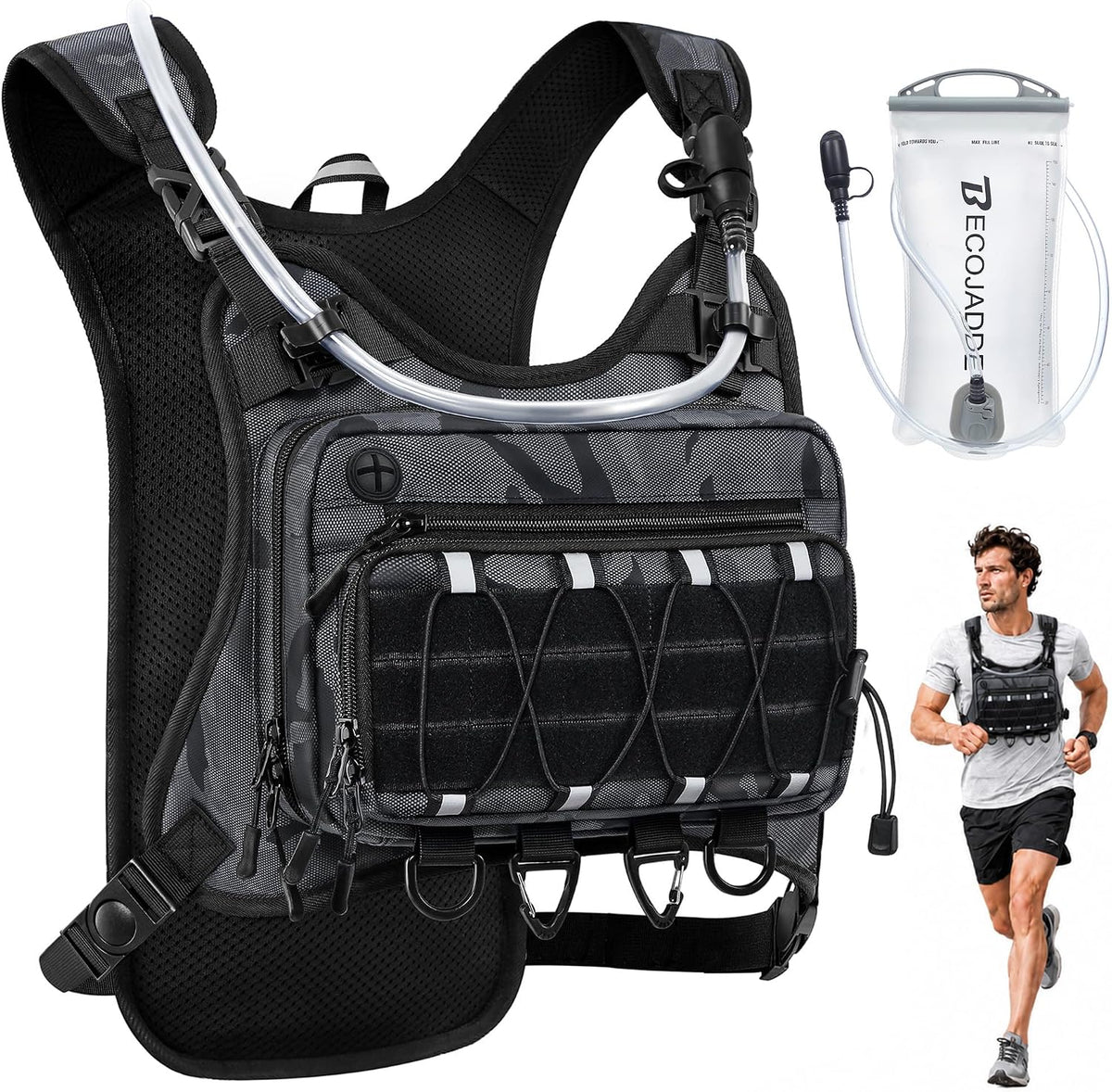 BECOJADDE Running Vest for Men with 2L Water Bladder Tactical Hydration Backpack Adjustable Lightweight Chest Pack for Marathon Hunting Cycling