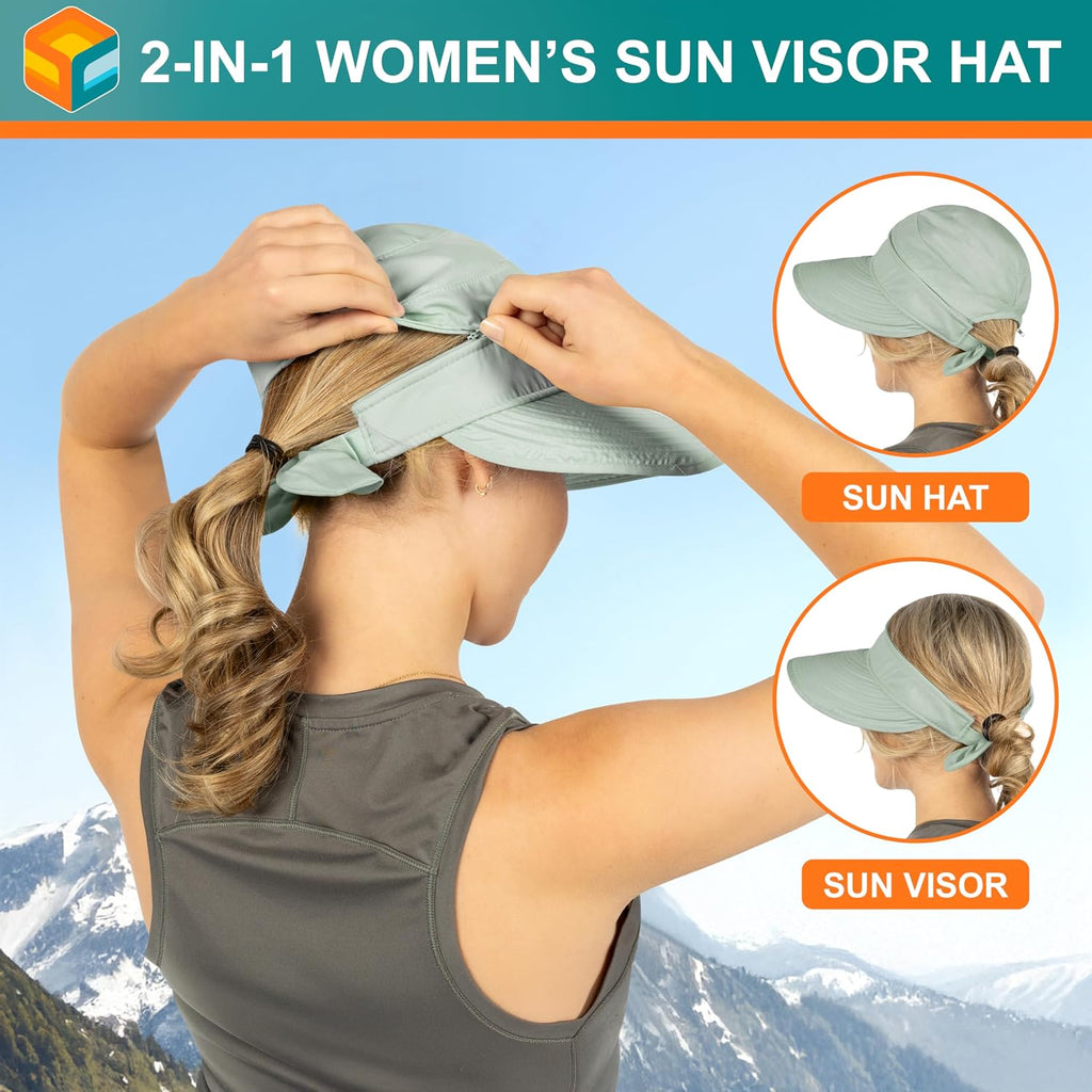 SUN CUBE Womens Sun Hat UV Protection Wide Brim Zip-Off Golf Visor