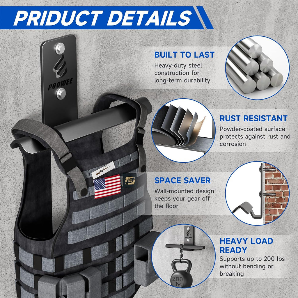 Weight Vest Hanger Wall Mount - Heavy Duty Steel Tactical Vest Wall Mount for Home Gym Gear, Weighted Vest Storage Rack for Backpacks, Body Armor Carrier, Weighted Vest Hook - Hold Up To 200Lbs