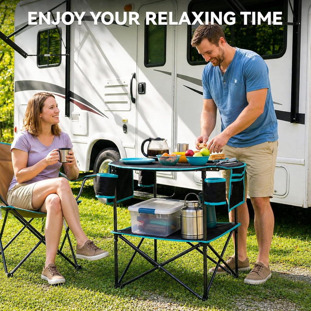 FUNDANGO Portable Folding Camping Table with 4 Cup Holders, 2-Tier