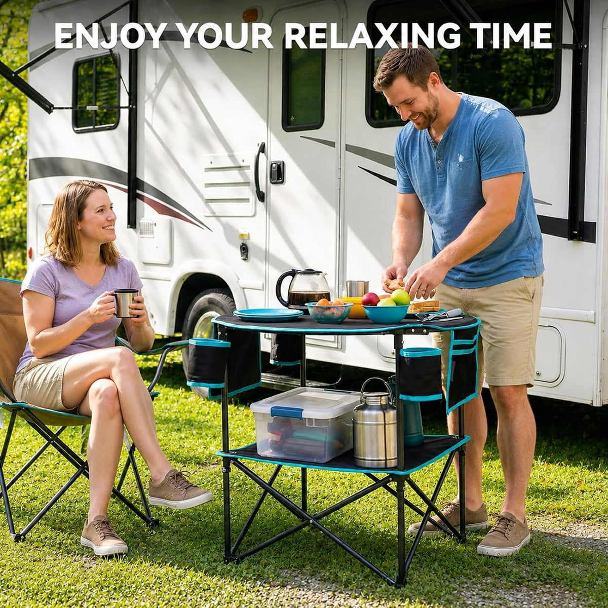 FUNDANGO Portable Folding Camping Table with 4 Cup Holders, 2-Tier