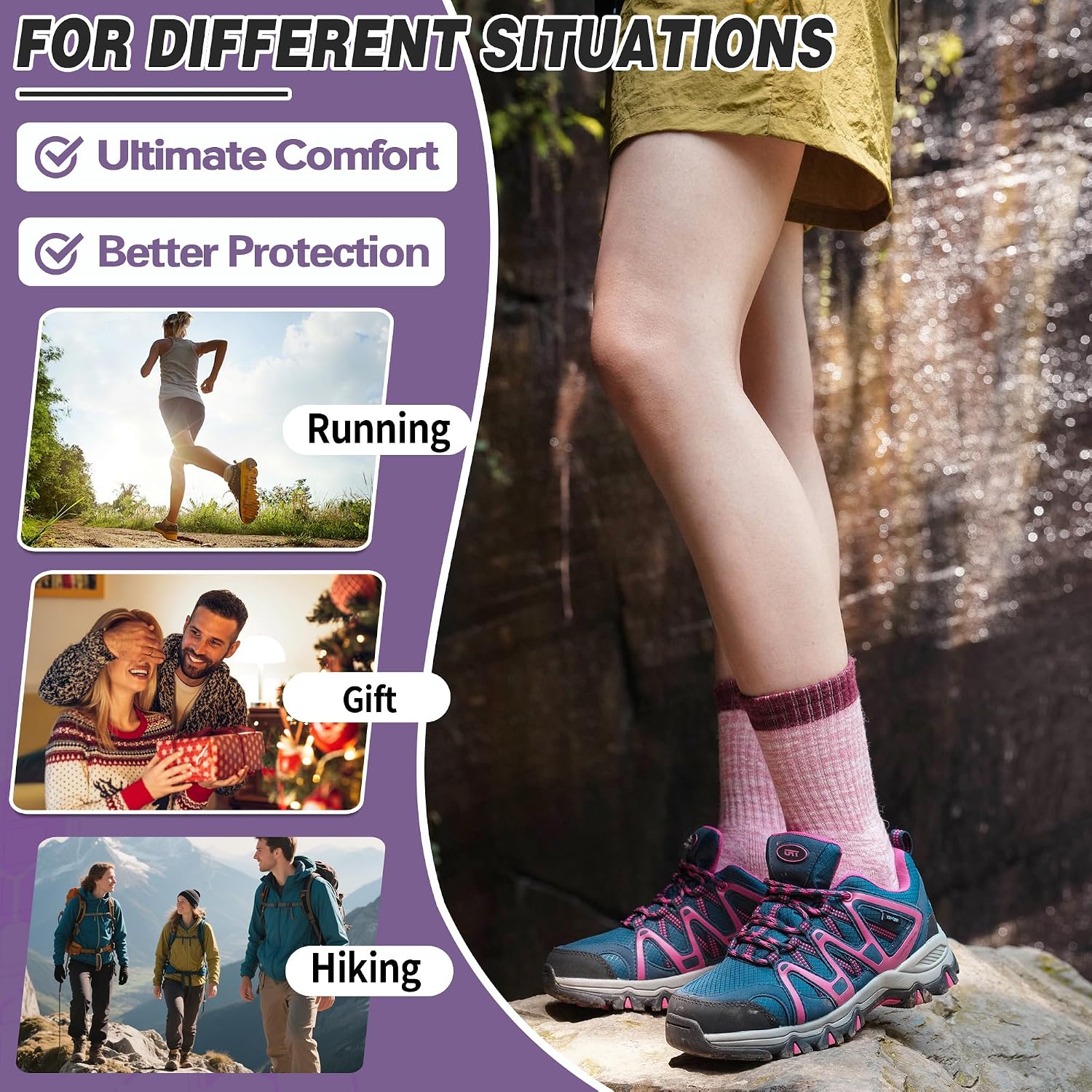 Merino Wool Hiking Socks Thermal Warm Winter Cozy Cushioned Moisture Wicking Crew Socks for Women 5 Pairs