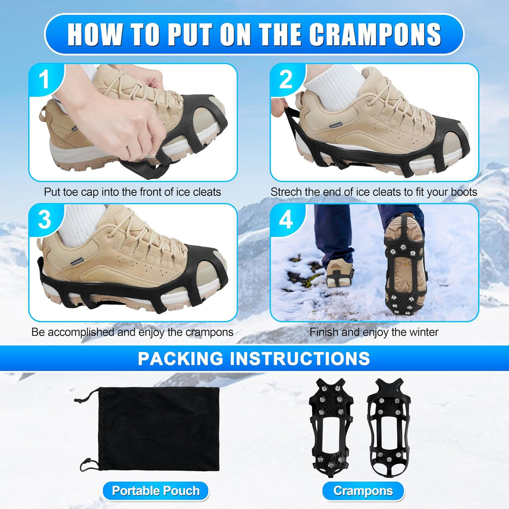 Crampons Ice Cleats for Shoes and Boots Snow Traction Cleats for Walking on Snow and Ice 9 Point Cleats Non-Slip Grippers Overshoe Silicone Stretch Footwear for Winter Hiking Climbing Ice Fishing