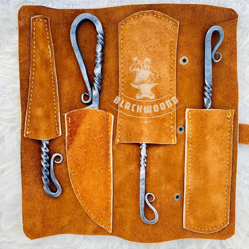 Hand Forged Medieval Cutlery Set - Viking Silverware Set with Leather Cover