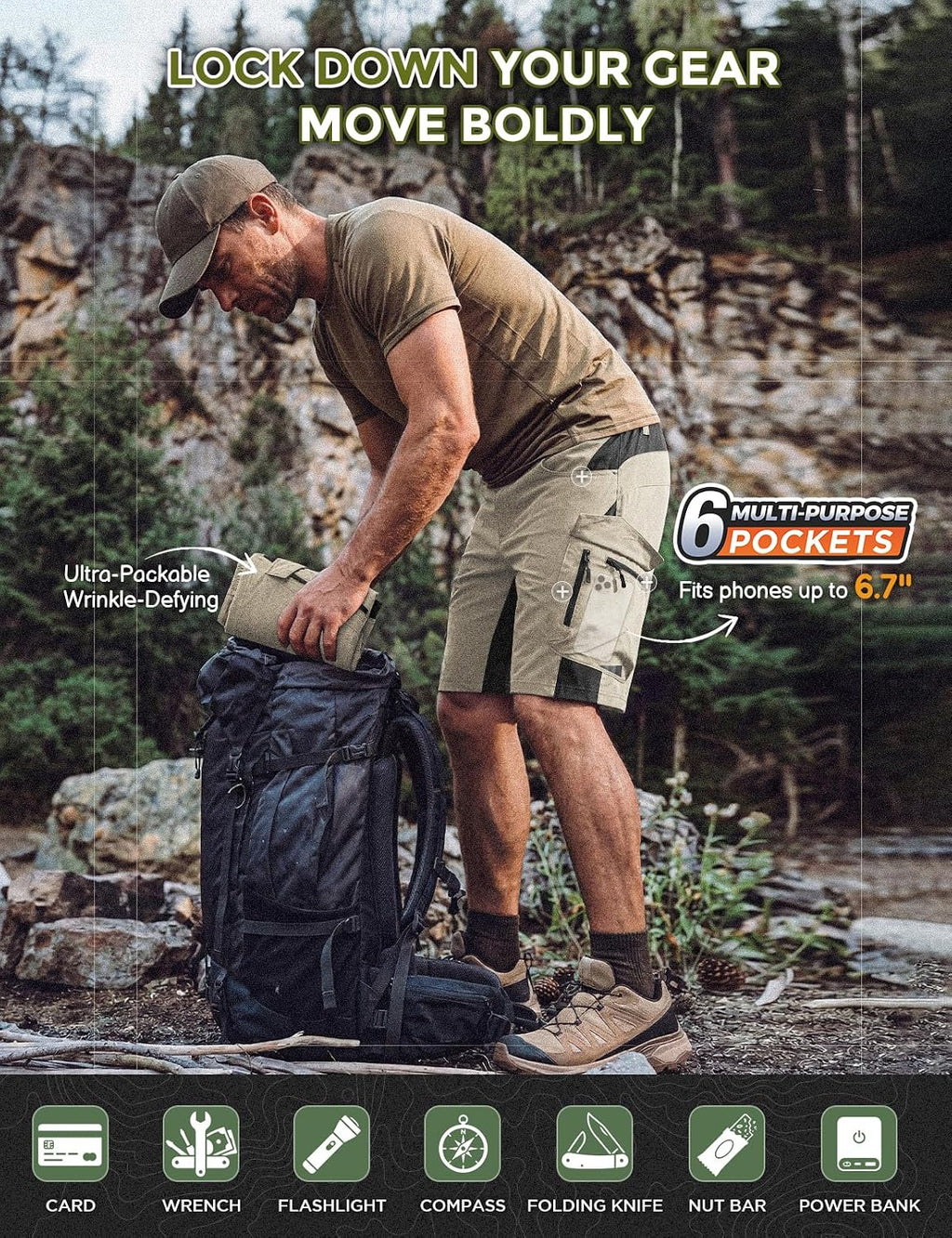 XKTTAC Men's Hiking Cargo Shorts: 4-Way Stretch with 6 Secure Pockets