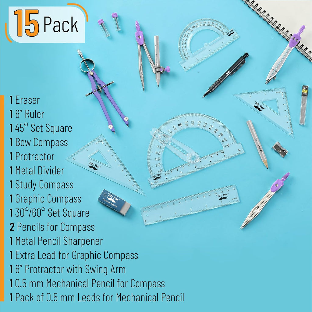 Mr. Pen- Geometry Set, 15 pcs, Purple, 6 Inch Swing Arm Protractor, Divider