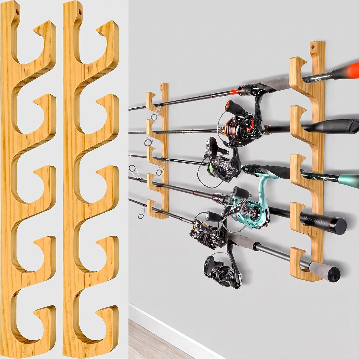 PLUSINNO H5W Solid Wood Fishing Rod Holder, Horizontal Wall & Ceiling Mount Fishing Pole Holders for Garage Storage, Holds 5Rods, Combos and Fishing Nets（Natural Wood,1pack）