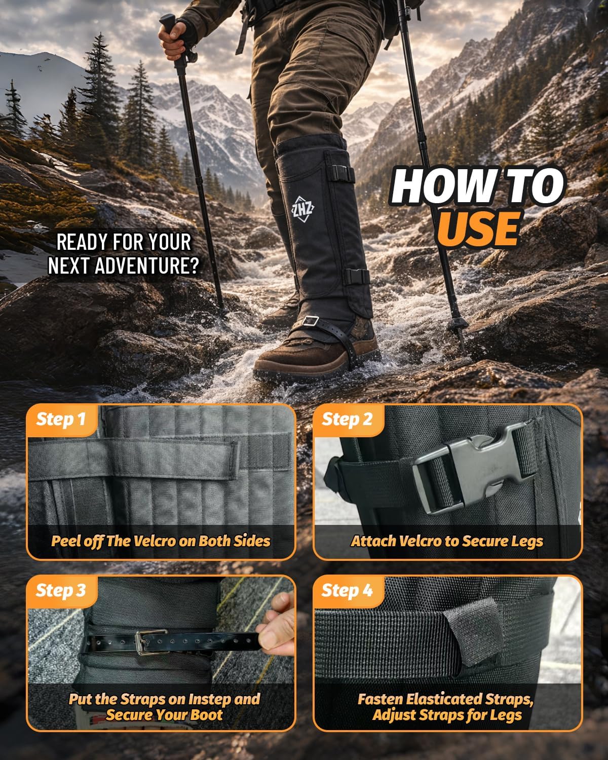 ZHZ Snake Gaiters, Durable Waterproof Snake Chaps for Lower Leg Protection, Adjustable Snake Guards for Men & Women, Ideal for Hiking, Camping & Farm Work