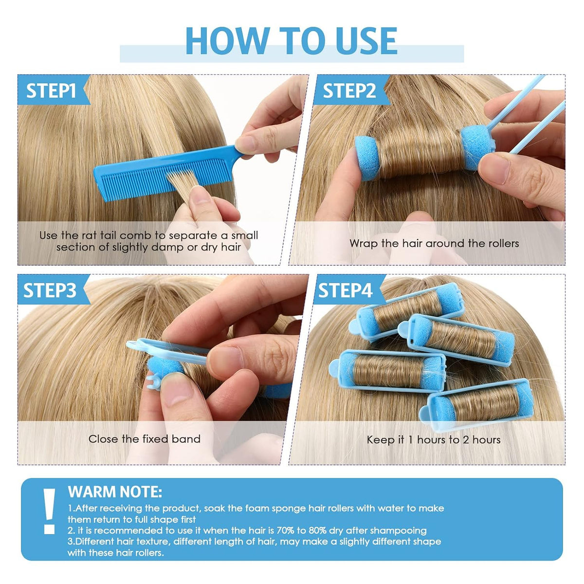 Syhood 43 Pcs Foam Sponge Hair Rollers Set Women, Tail Comb, Blue