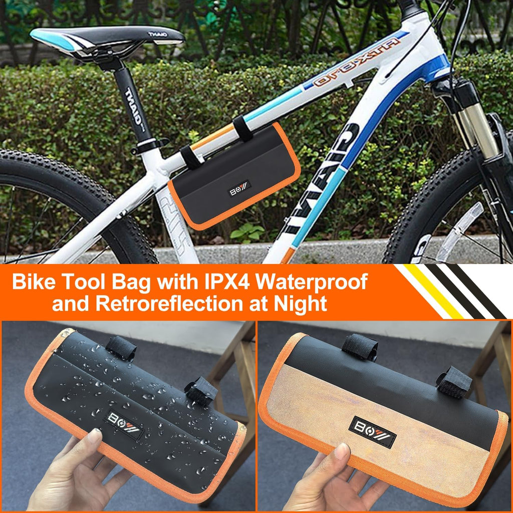 Bicycle Repair Bag With Tire Pump, Portable Tool Kit for Camping Travel - Bike Glueless Patches, Maintenance Essentials All in One Safety Kit