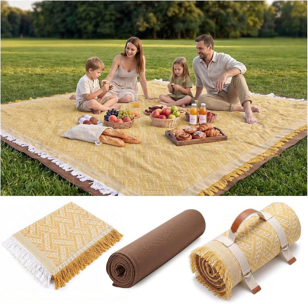 Genovega 2 in 1 Extra Large 80"* 80" Rug Picnic Blankets Waterproof Outdoor Beach Blanket Foldable Camping Mat Supplies Europe Travel Accessories Hawaii Necessities Hiking Items Yellow
