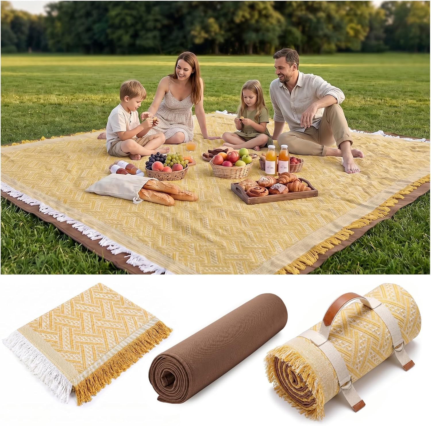 Genovega 2 in 1 Extra Large 80"* 80" Rug Picnic Blankets Waterproof Outdoor Beach Blanket Foldable Camping Mat Supplies Europe Travel Accessories Hawaii Necessities Hiking Items Yellow