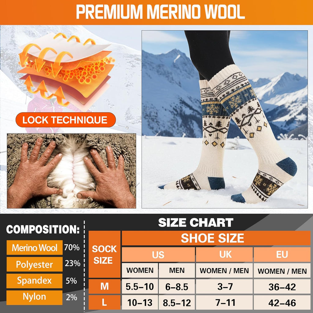 Welwoos 3 Pairs Merino Wool Ski Socks for Womens Mens Thermal Winter Warm Thick Knee High Socks for Skiing Snowboarding
