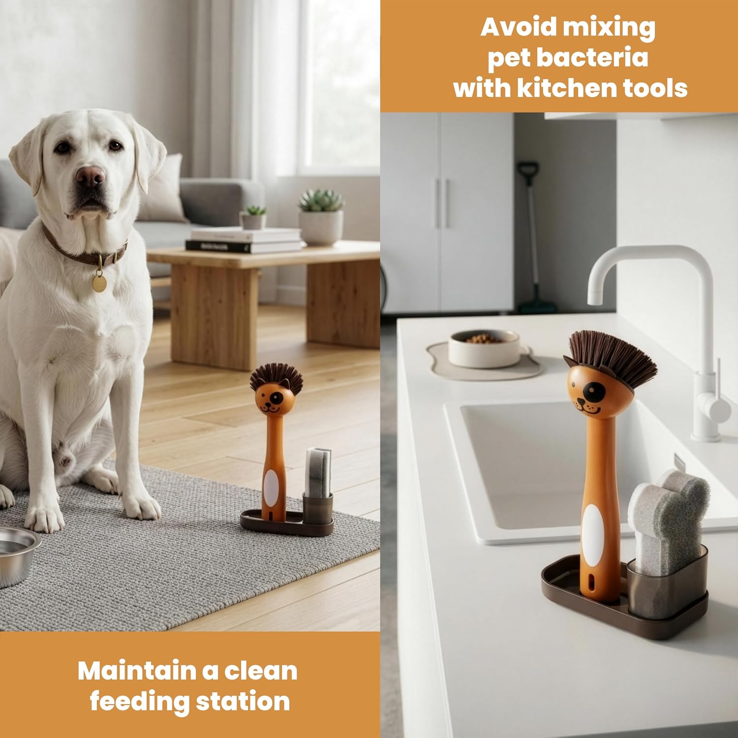Pet Bowl Cleaner Set with Dog Bowl Brush, Dog Sponge, Holder & Drain Tray